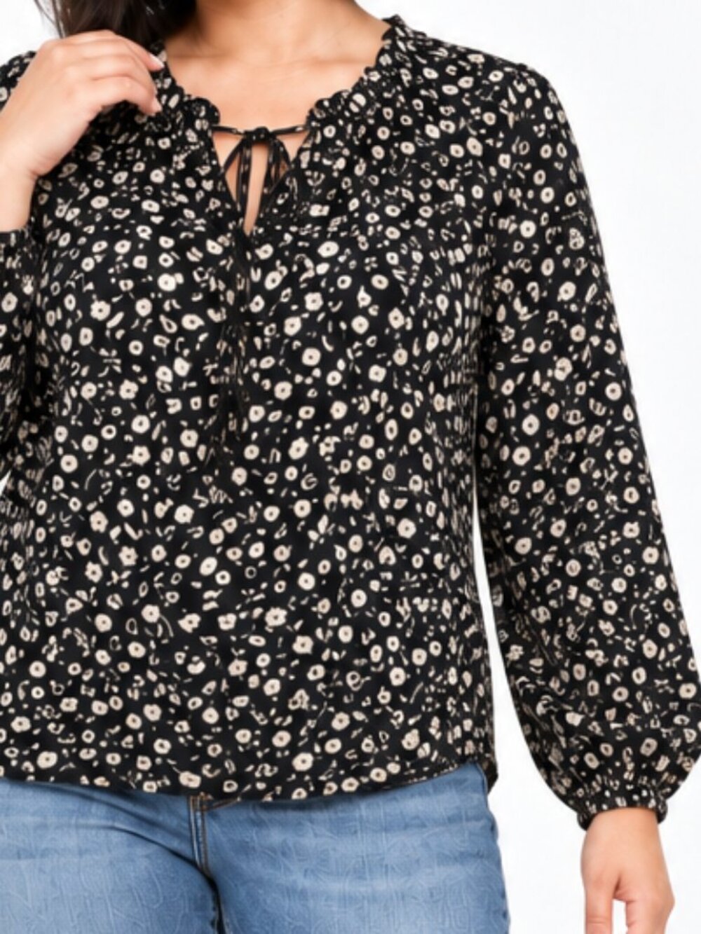 Studio B By Bobeau Black Floral Tie Neck Blouse M